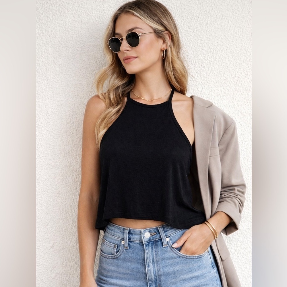 Peach Love California Black High Neck Halter Tank Large Soft Stretch Minimalist